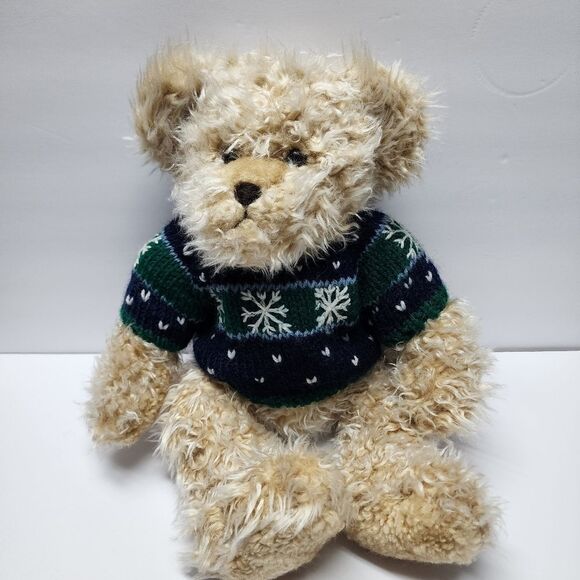 Vintage Yang Jee Winter Holiday Teddy Bear Plush Snowflake Sweater 14” - Picture 1 of 6